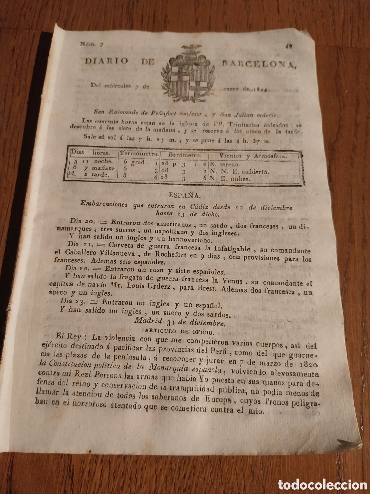 Sammeln von Zeitschriften und Zeitungen: DIARIO DE BARCELONA 1824 MANIFIESTO D FERNANDO VII TRAS EL TRIENIO LIBERAL.ZARAGOZA EL PILAR.TARRASA