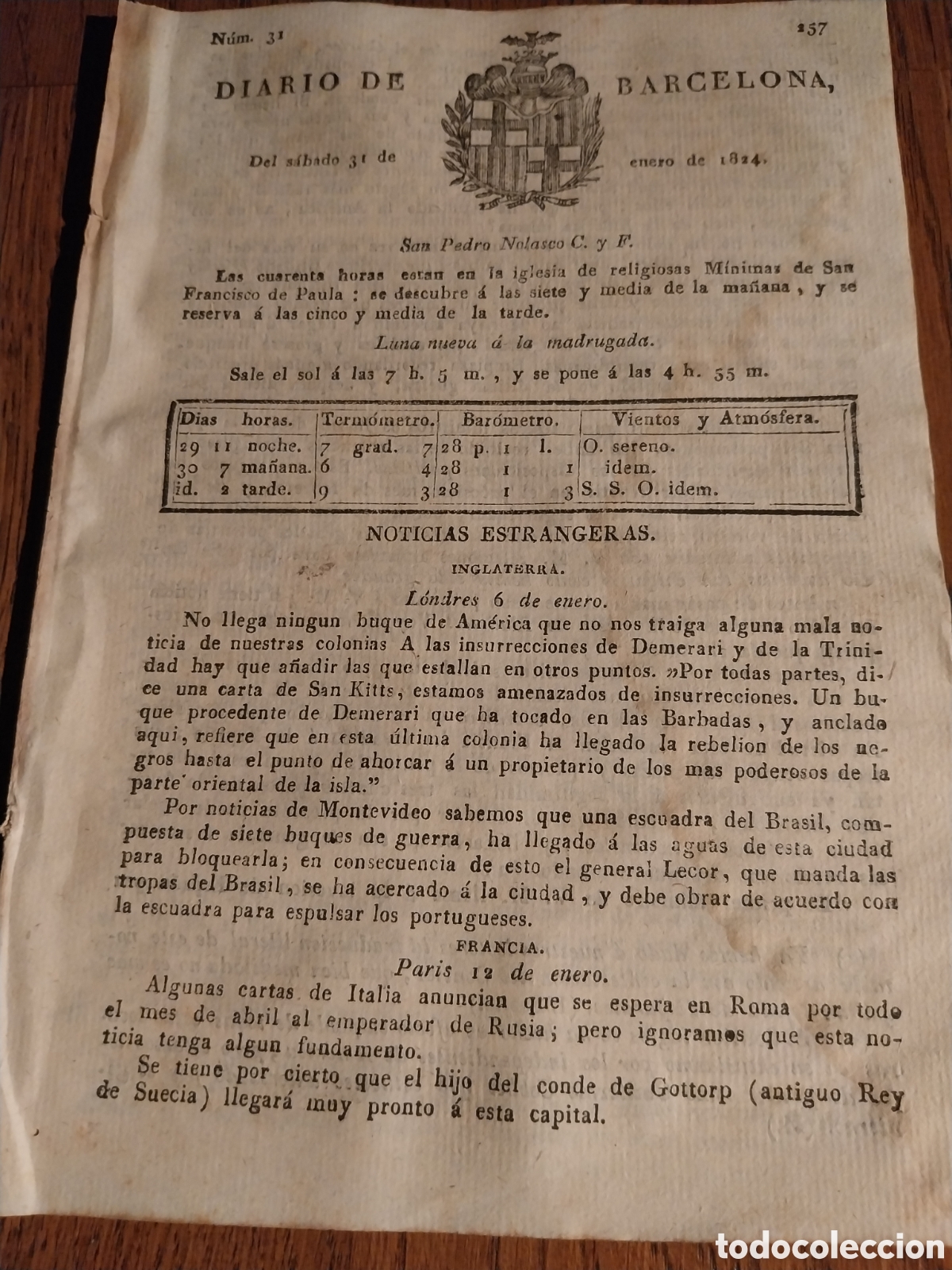 Sammeln von Zeitschriften und Zeitungen: DIARIO DE BARCELONA 1824 A LA HABANA LLEGAN NOTICIAS INQUIETANTES DE NUEVA- ESPA&Ntilde;A. CUBA TRANQUILA