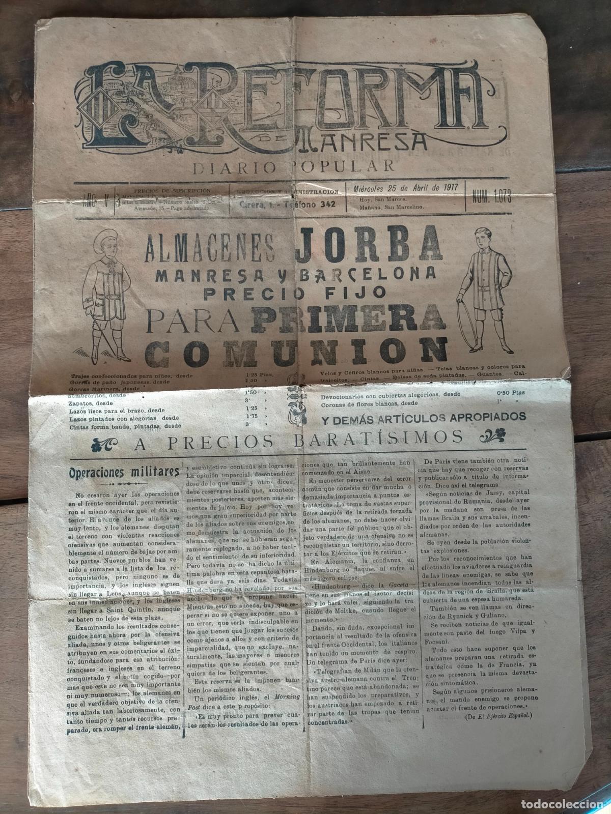 Collectionnisme de Revues et Journaux: La reforma de Manresa diario popular 25 de Abril de 1917 n&uacute;m. 1073 Almacenes Jorba