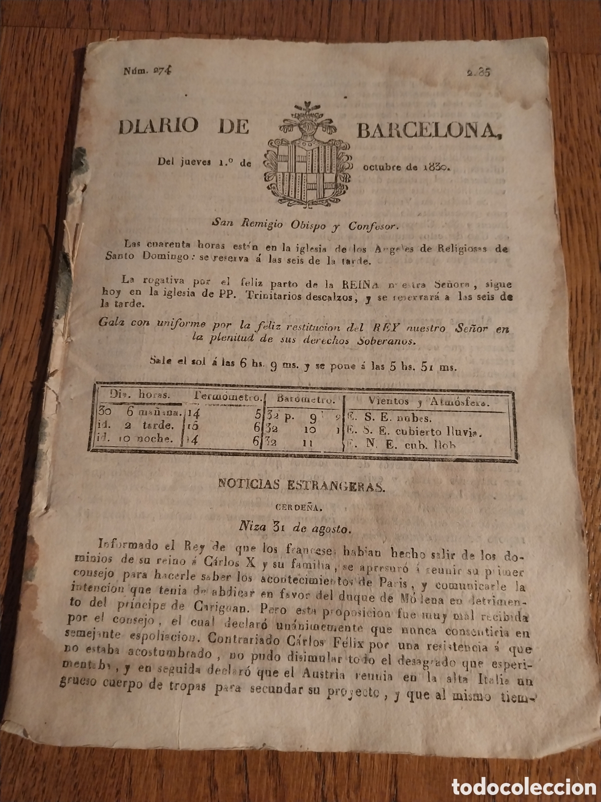 Sammeln von Zeitschriften und Zeitungen: DIARIO DE BARCELONA 1830 SUCESOS TRAS EL EXILIO DE CARLOS X DE FRANCIA.SUBLEVACI&Oacute;N ARABE EN ARGEL