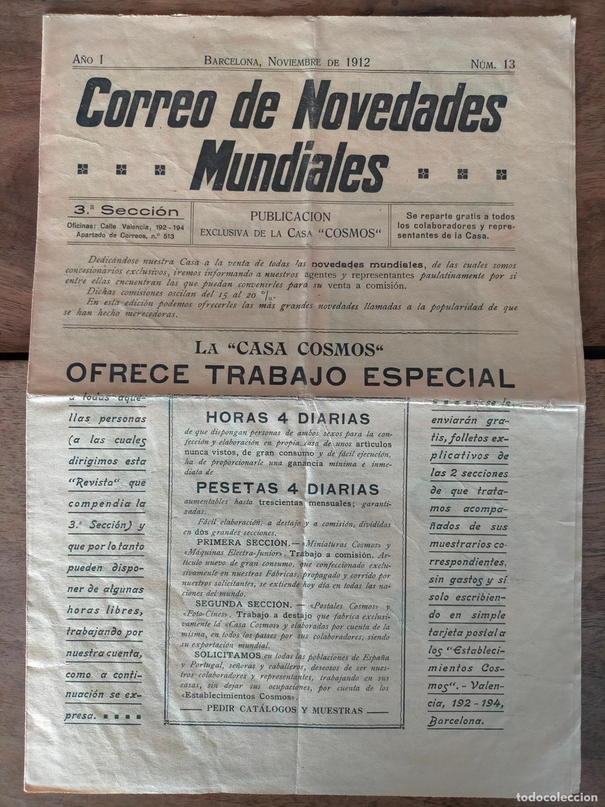 Collectionnisme de Revues et Journaux: Correo de Novedades Mundiales la casa Cosmos ofrece trabajo especial A&ntilde;o I N&uacute;m. 13 Noviembre de 1912