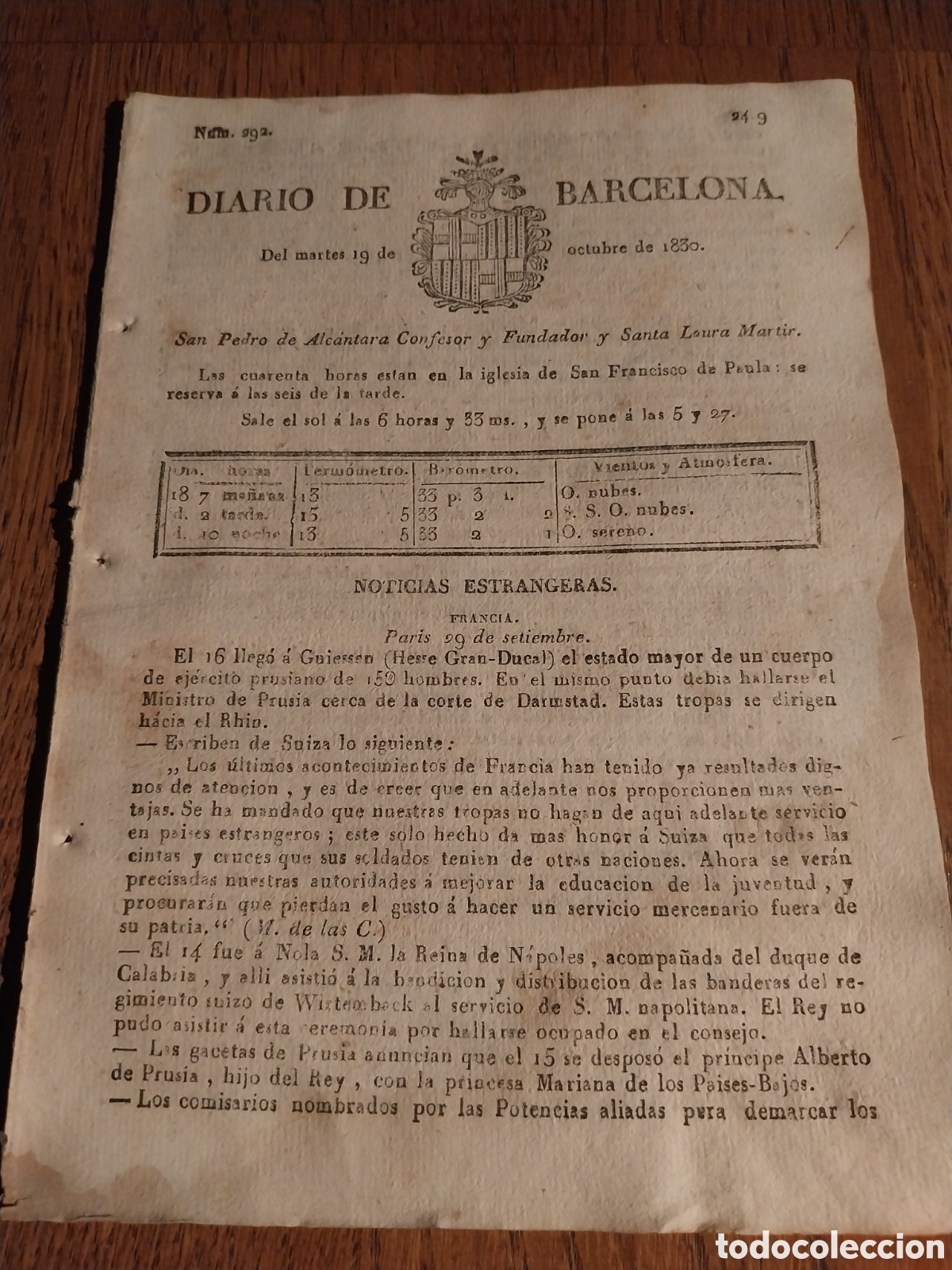 Coleccionismo de revistas y peri&oacute;dicos: DIARIO DE BARCELONA 1830 FERNANDO VII ANUNCIA EL NACIMIENTO DE SU HIJA (LA FUTURA REINA ISABEL II)