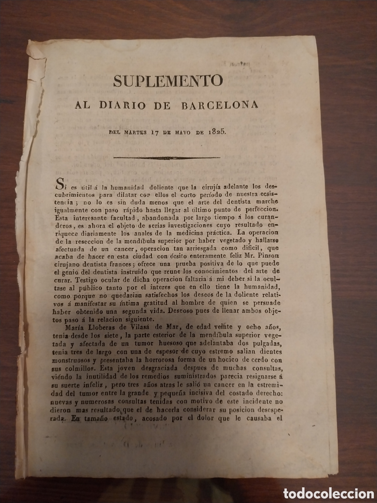 Collection Magazines and Newspapers: ANTIGUO DOCUMENTO MEDICO DEL A&Ntilde;O 1825 . DENTISTA OPERA MANDIBULA A PACIENTE DE VILASA DE MAR