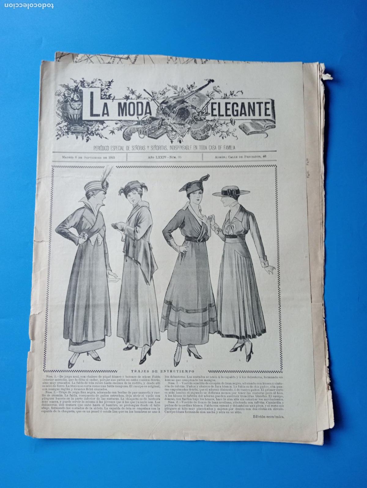 Collection Magazines and Newspapers: REVISTA LA MODA ELEGANTE. A&Ntilde;O LXXIV. SEPTIEMBRE DE 1915. N&ordm; 33. TRAJES DE ENTRETIEMPO... LEER.