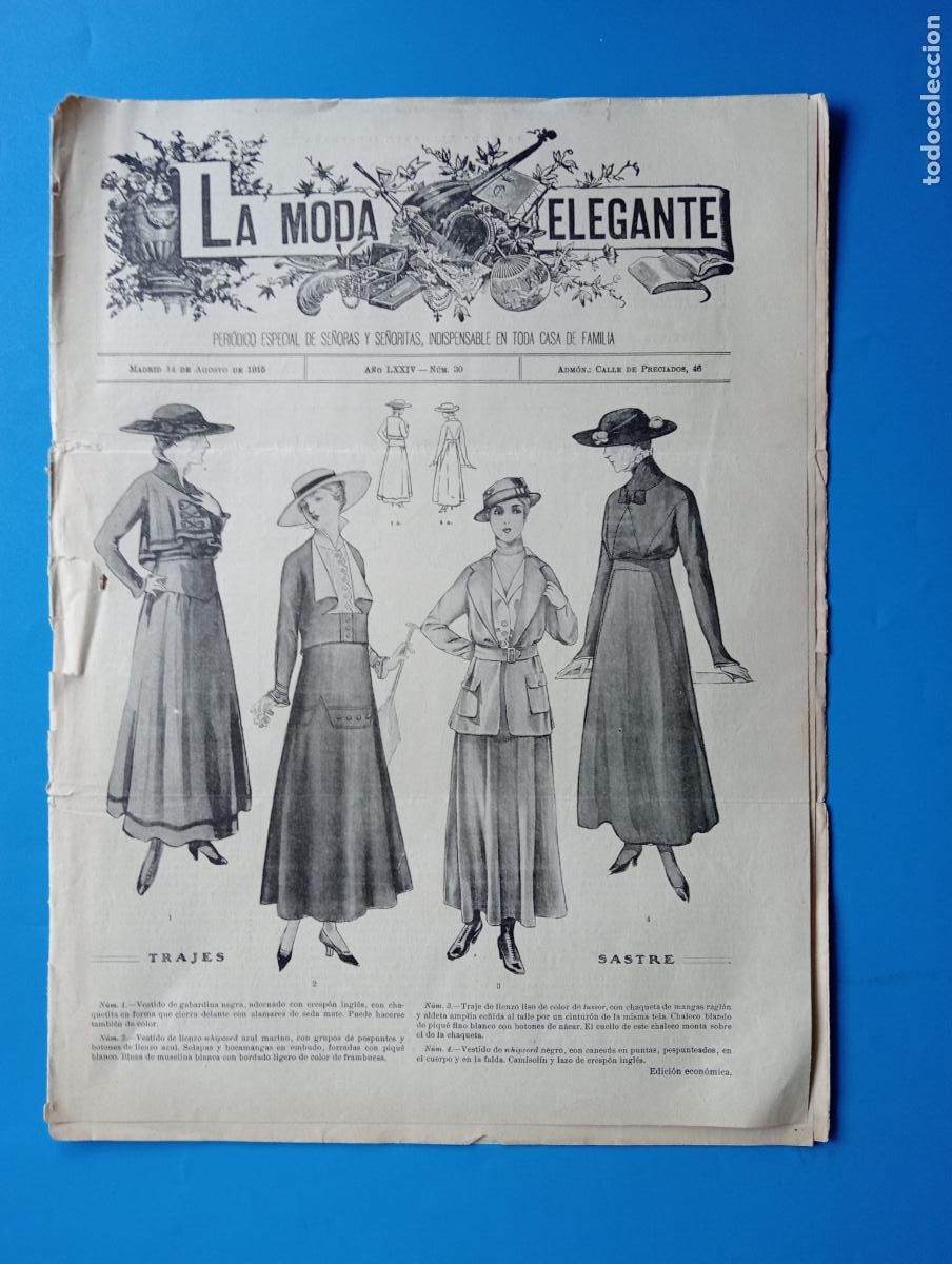 Sammeln von Zeitschriften und Zeitungen: REVISTA LA MODA ELEGANTE. A&Ntilde;O LXXIV. AGOSTO DE 1915. N&ordm; 30. TRAJES. SASTRE.. LEER.
