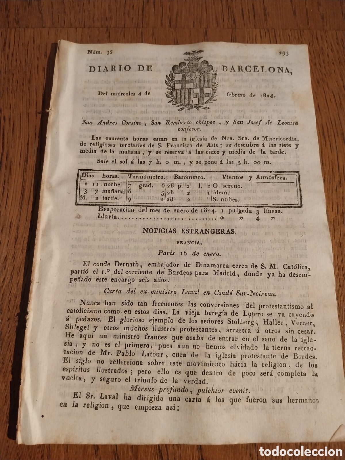 Colecionismo de Revistas e Jornais: DIARIO DE BARCELONA 1824.EMBARCACIONES QUE ENTRARON EN CADIZ.REAL COFRADIA DE SANTA AGUEDA FIESTA