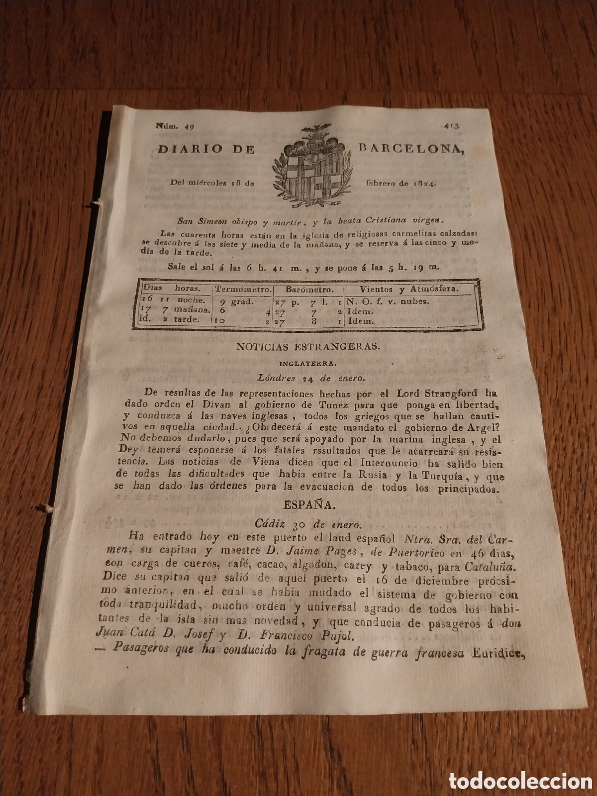 Collezionismo di Riviste e Giornali: DIARIO DE BARCELONA 1824.NOCHE DE LA AGONIA EN ASAMBLEA DEL BRASIL.SONETO AL BARON DE EROLES