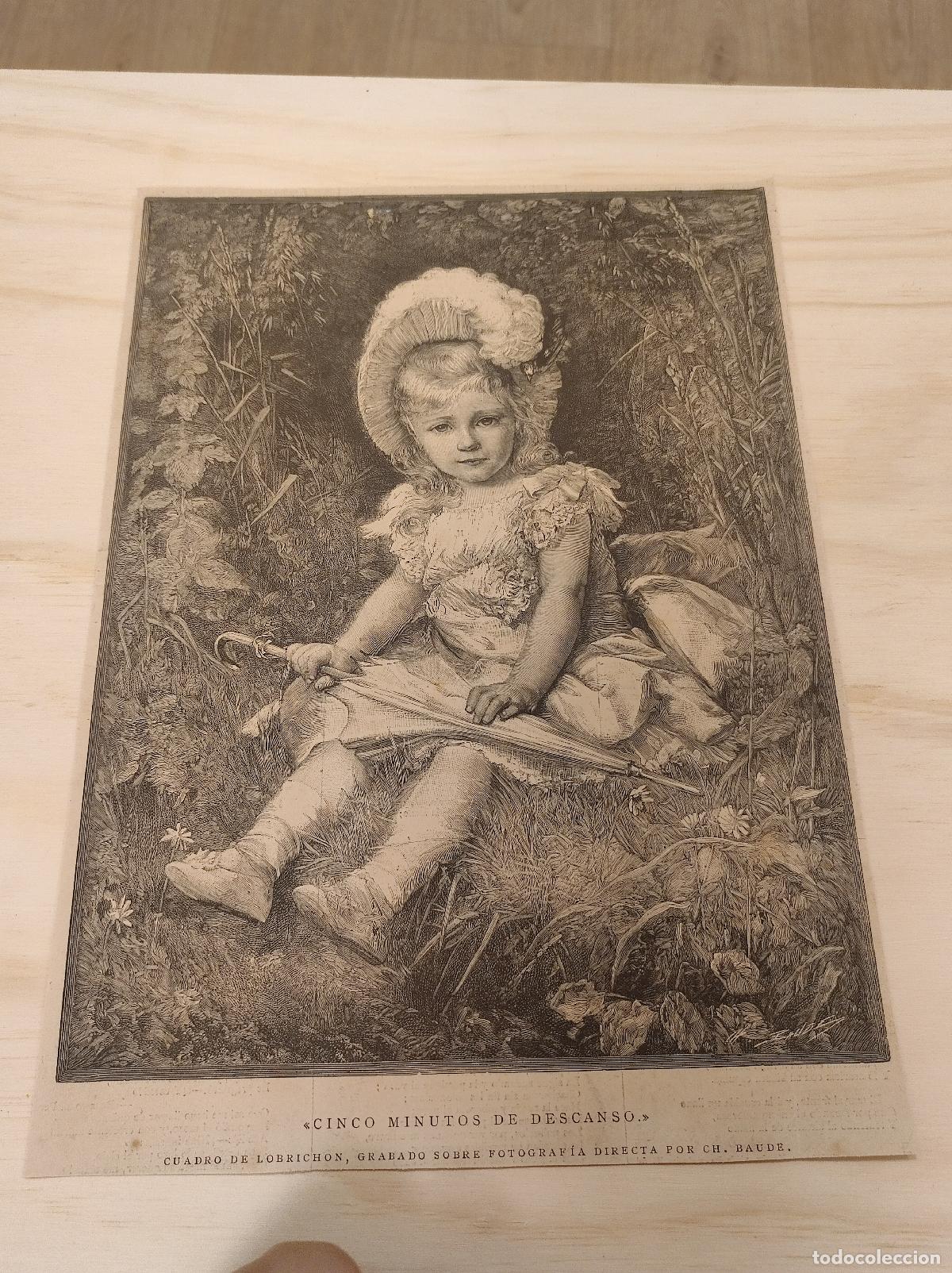 Sammeln von Zeitschriften und Zeitungen: HOJA GRABADO REVISTA ORIGINAL SIGLO XIX. CUADRO DE LOBRICHON, NI&Ntilde;A CON PARAGUAS