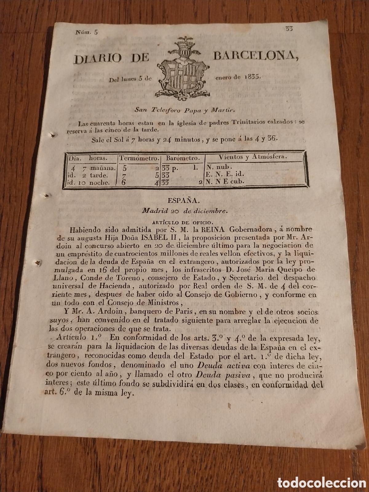 Collezionismo di Riviste e Giornali: DIARIO DE BARCELONA 1835 LIQUIDACI&Oacute;N DE LA DEUDA DE ESPA&Ntilde;A EN EL EXTRANJERO.REAL CANAL INFANTA LUISA