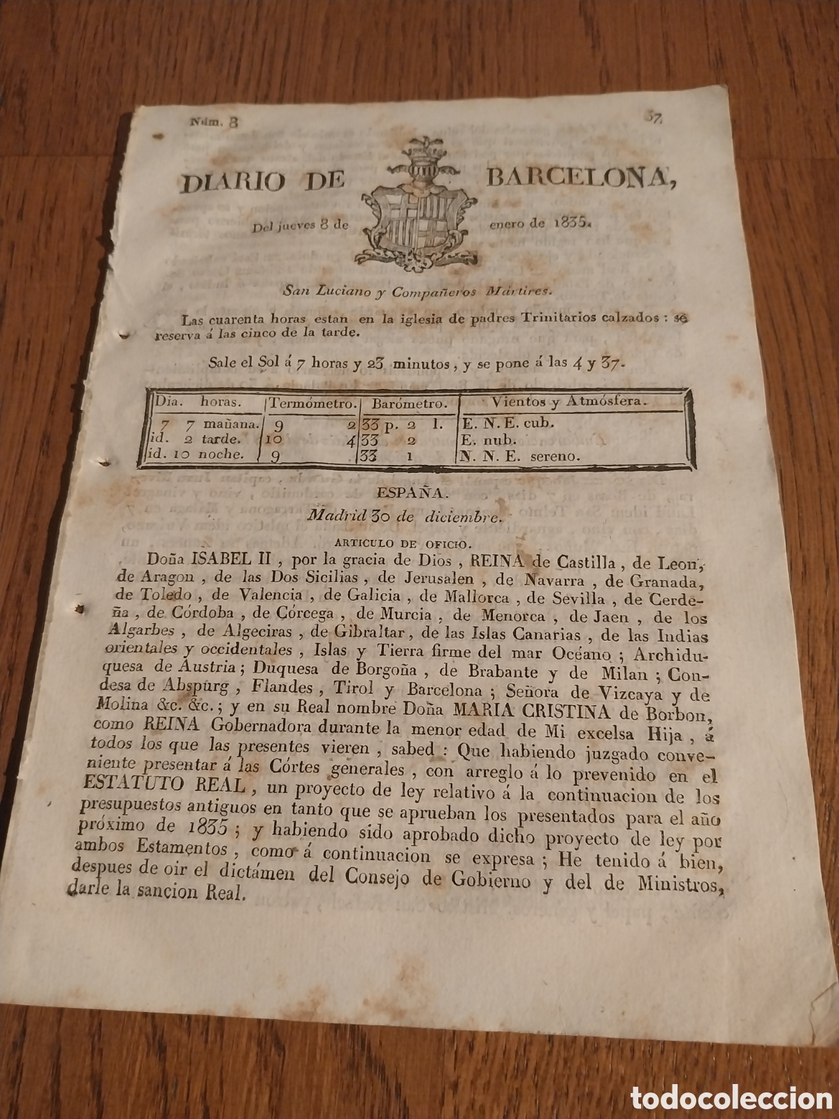 Coleccionismo de revistas y peri&oacute;dicos: DIARIO DE BARCELONA 1835 ARRENDAMIENTO DEL TEATRO NUEVO DE GRANADA. ISABEL II Y PROSPERIDAD NACIONAL