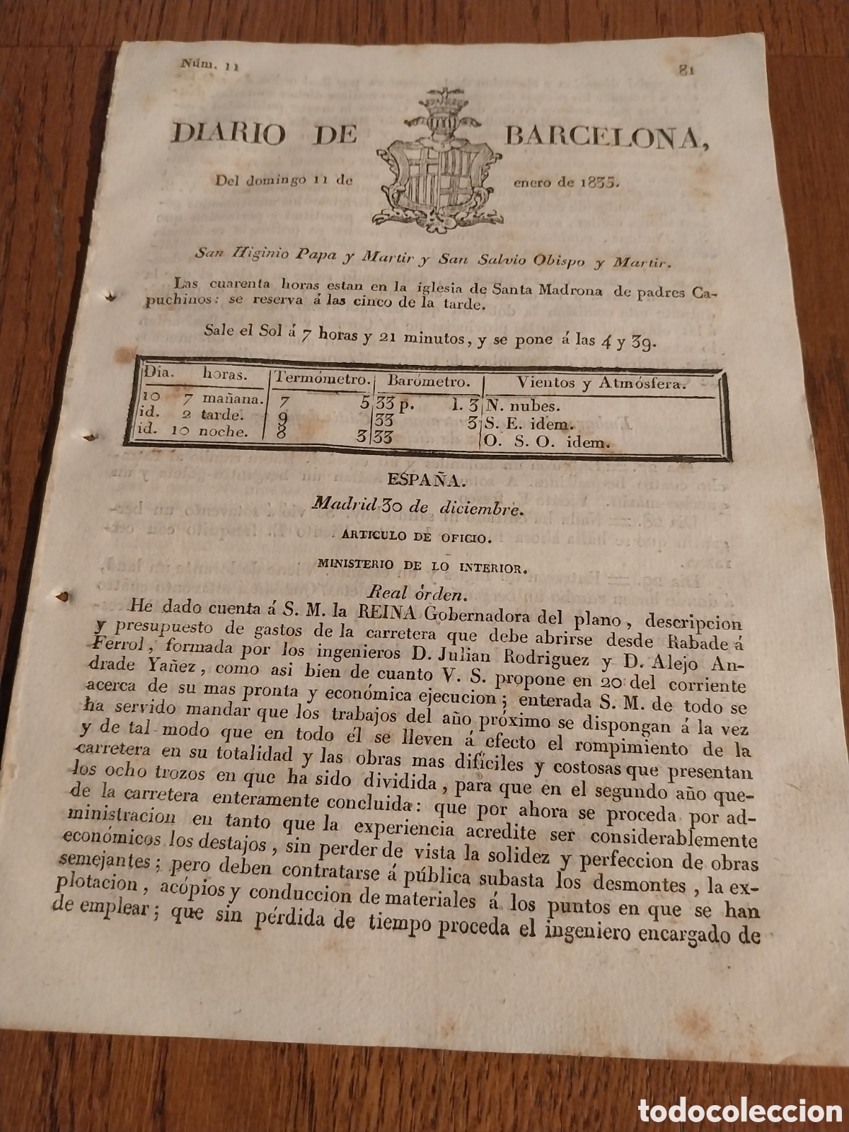 Collezionismo di Riviste e Giornali: DIARIO DE BARCELONA 1835 PRESUPUESTO CARRETERA DE RABADE A FERROL. AVISO NUEVA NUMERACION EDIFICIOS