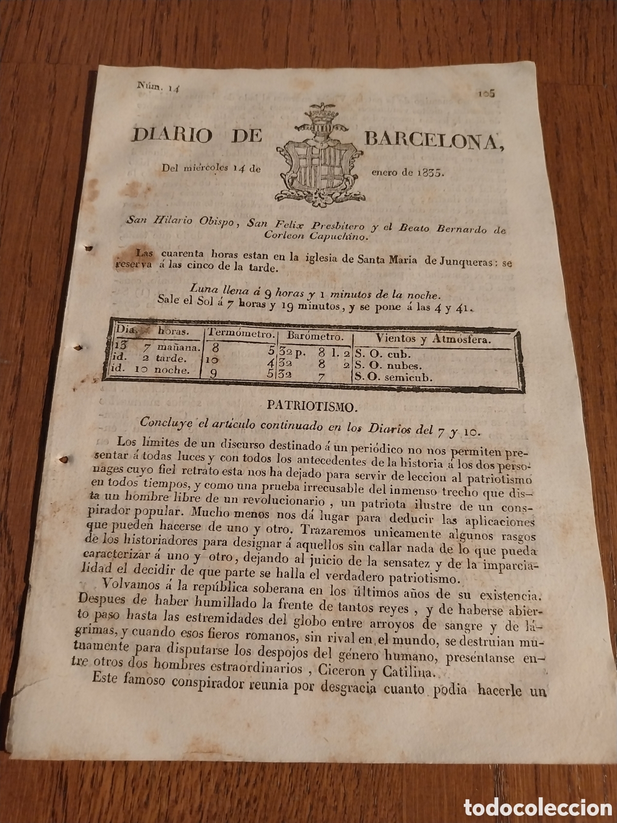 Coleccionismo de revistas y peri&oacute;dicos: DIARIO DE BARCELONA 1835 ARTICULO SOBRE EL PATRIOTISMO. CONSUL DE FRANCIA EN CATALU&Ntilde;A