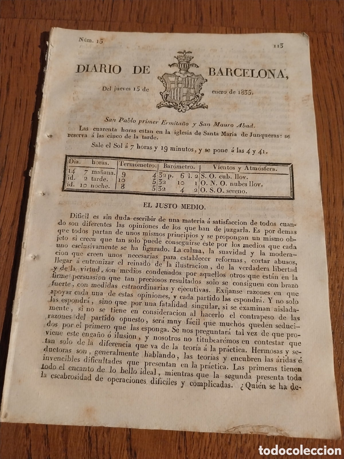 Collezionismo di Riviste e Giornali: DIARIO DE BARCELONA 1835.ARTICULO SOBRE EL JUSTO MEDIO. QUINTA DE 250 HOMBRES SERVICIO MILITAR