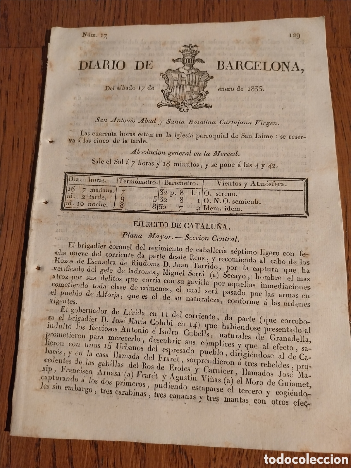 Collezionismo di Riviste e Giornali: DIARIO DE BARCELONA 1835 1&deg;G CARLISTA. RELACION DE LOS FACCIOSOS PRESENTADOS APREENDIDOS Y FUSILADOS