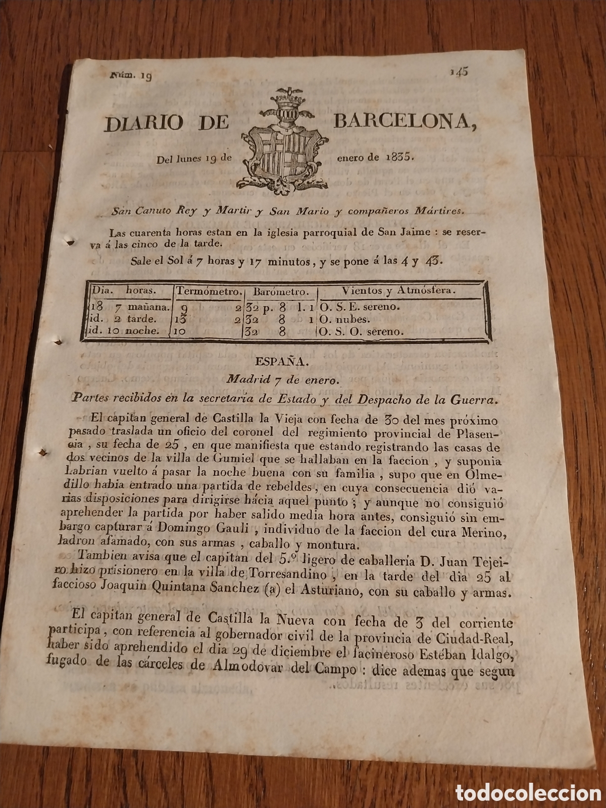 Coleccionismo de revistas y peri&oacute;dicos: DIARIO DE BARCELONA 1835 1&deg; GUERRA CARLISTA PLASENCIA GUMIEL OLMEDILLO TORRESANDINO ALMODOVAR CAMPO
