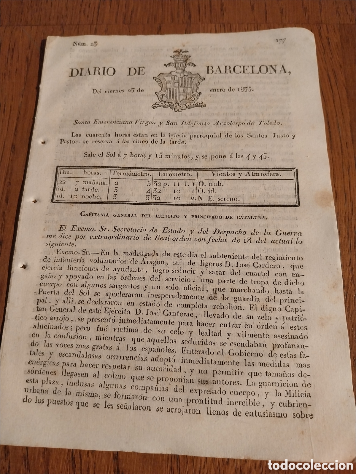 Coleccionismo de revistas y peri&oacute;dicos: DIARIO DE BARCELONA 1835 SUCESOS DE MADRID DEL 18 DE ENERO EN LA PUERTA DEL SOL OCUPACION CORREOS