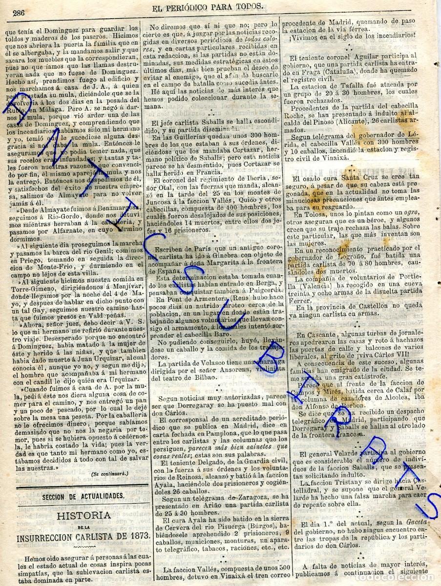 Coleccionismo de Revistas y Peri&oacute;dicos: REVISTA A&Ntilde;O 1873 TERCERA GUERRA CARLISTA BERGA FRAGA TRISTANY PONT D'ARMENTERA VINAIXA CASTELLADRAL