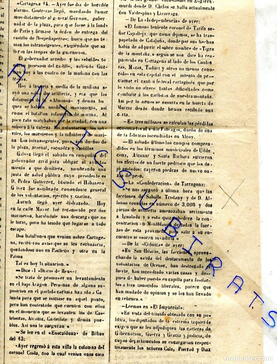 Coleccionismo de Revistas y Peri&oacute;dicos: DIARIO DE VILLANUEVA A&Ntilde;O 1873 TERCERA GUERRA CARLISTA EN IGUALADA MONTBLANC TRISTANY HILARI SACALM