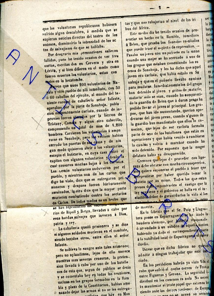 Coleccionismo de Revistas y Peri&oacute;dicos: DIARIO DE VILLANUEVA A&Ntilde;O 1873 TERCERA GUERRA CARLISTA EN SANAHUJA CAMATS BERGA TRISTANY
