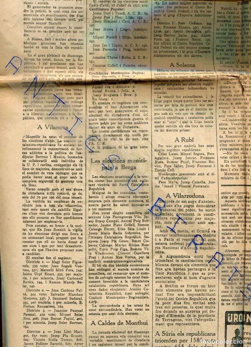 Coleccionismo de Revistas y Peri&oacute;dicos: DIARI ANY 1931 LES ELECCIONS A BERGA PALAUTORDERA SOLSONA SANT FELIU DE LLOBREGAT RUBI VILARRODONA