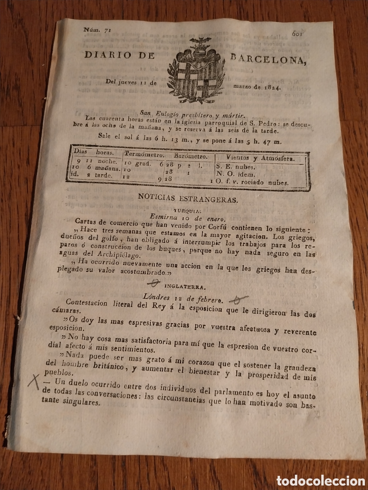 Collection Magazines and Newspapers: DIARIO DE BARCELONA 1824 CAPTURA DE MALHECHORES EN PINOSO.CONFUSA DETENCION EN EL RETIRO DE MADRID