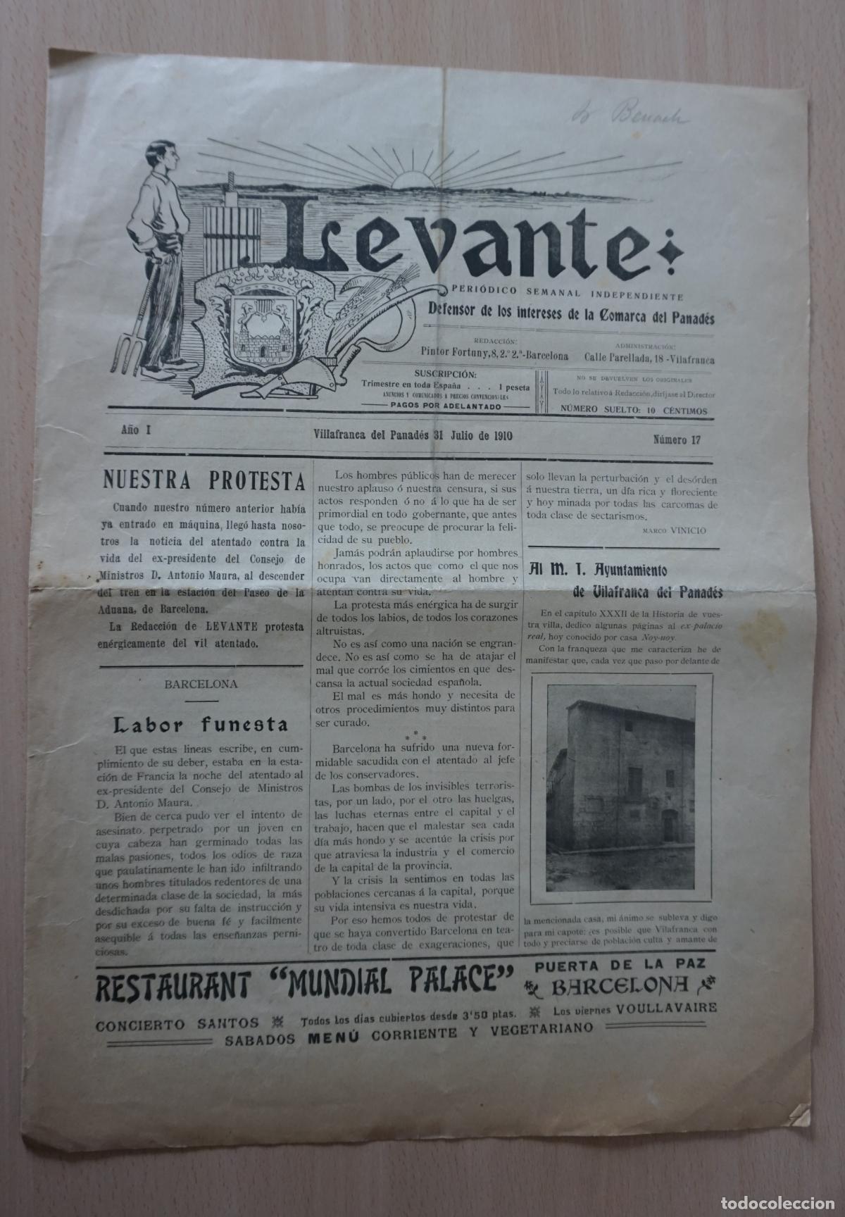 Collezionismo di Riviste e Giornali: LEVANTE, Peri&oacute;dico semanal Comarca del Pened&eacute;s, Edit.Vilafranca, n&ordm; 17 del 31 de julio del a&ntilde;o 1910.
