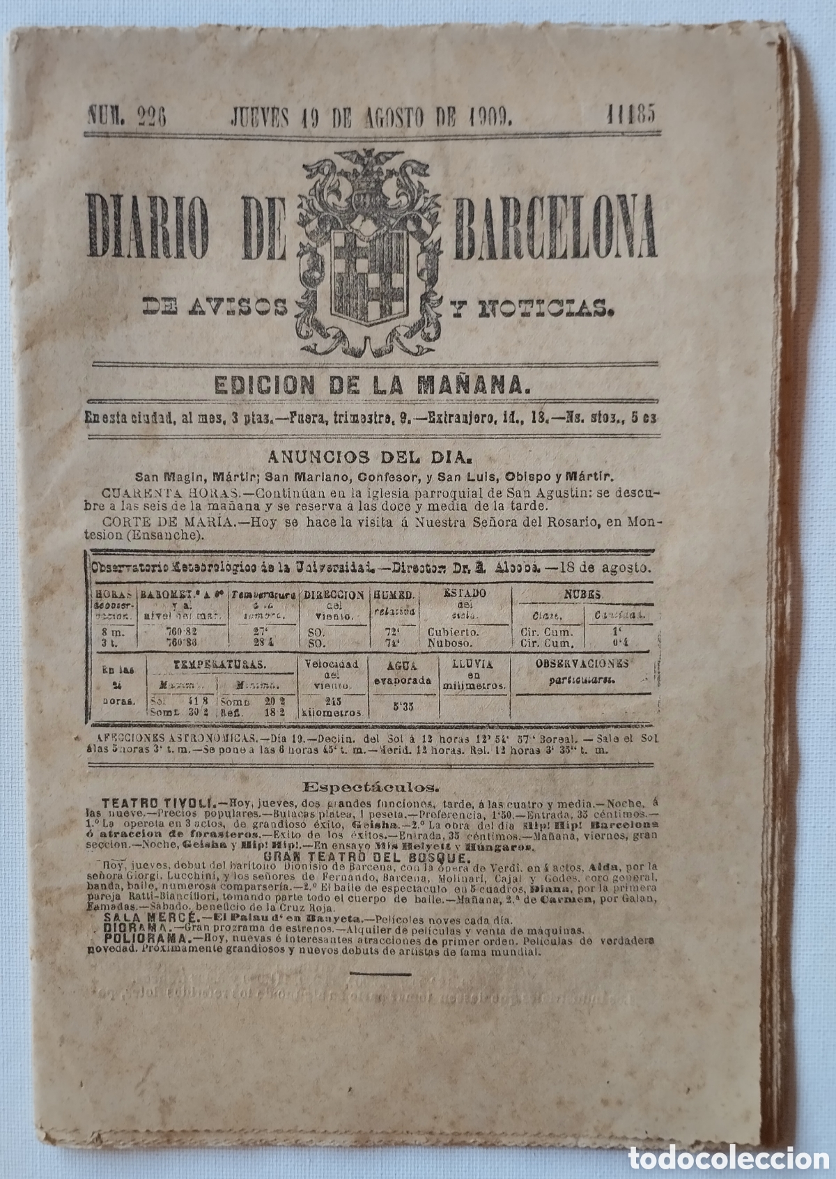 Coleccionismo de Revistas y Peri&oacute;dicos: DIARIO DE BARCELONA 1909
