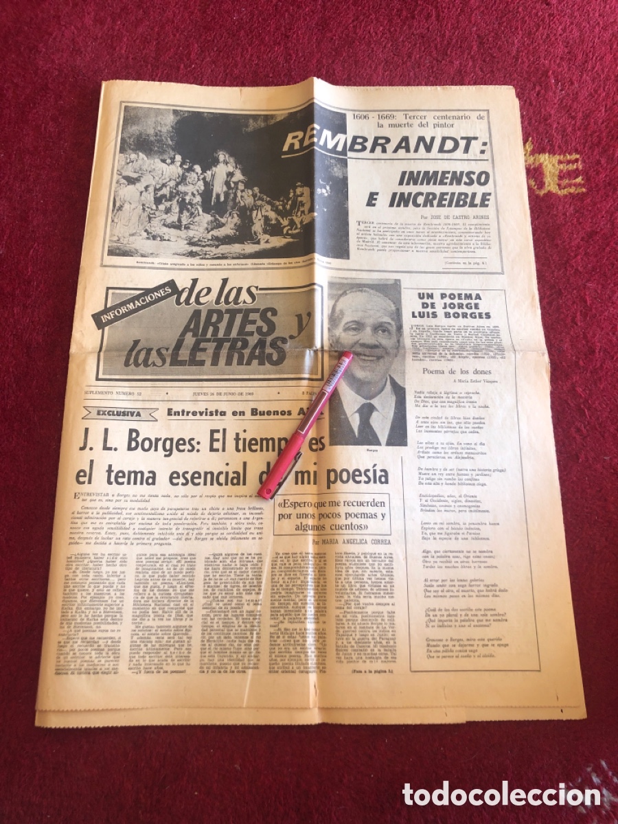 Collection Magazines and Newspapers: Peri&oacute;dico Informaciones de las artes y las letras. 1969. Rembrandt, Borges, Tomas Marco.. AGG