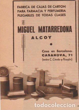 Coleccionismo de Revistas y Peri&oacute;dicos: Publicidad f&aacute;bricas de cart&oacute;n MIGUEL MATARREDONA de Alcoy -1935