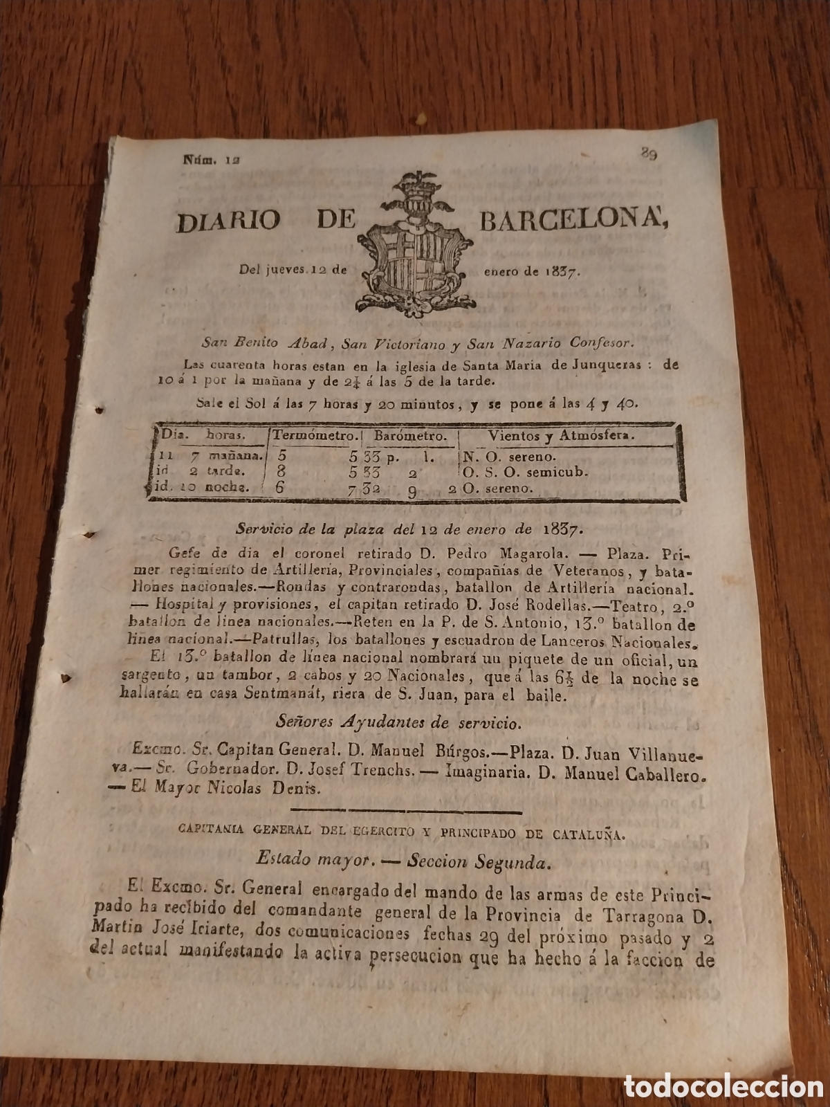 Sammeln von Zeitschriften und Zeitungen: DIARIO DE BARCELONA 1837 1&deg; GUERRA CARLISTA. NOTICIAS DE BILBAO.FACCION DE MARC&Oacute; MONTA&Ntilde;AS DE LA RIBA
