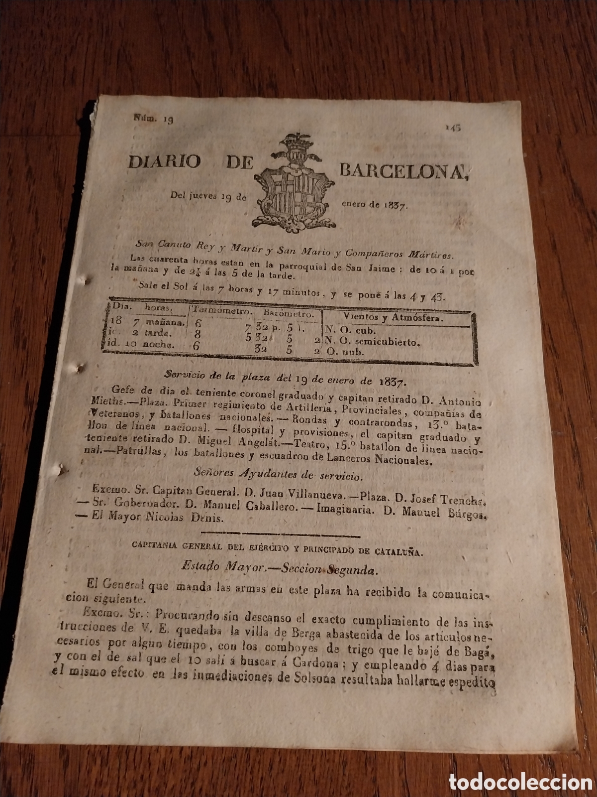 Collection Magazines and Newspapers: DIARIO DE BARCELONA 1837 1&ordm; GUERRA CARLISTA LA BATALLA DE FALS .DIFICULTAD ALISTAMIENTOS .