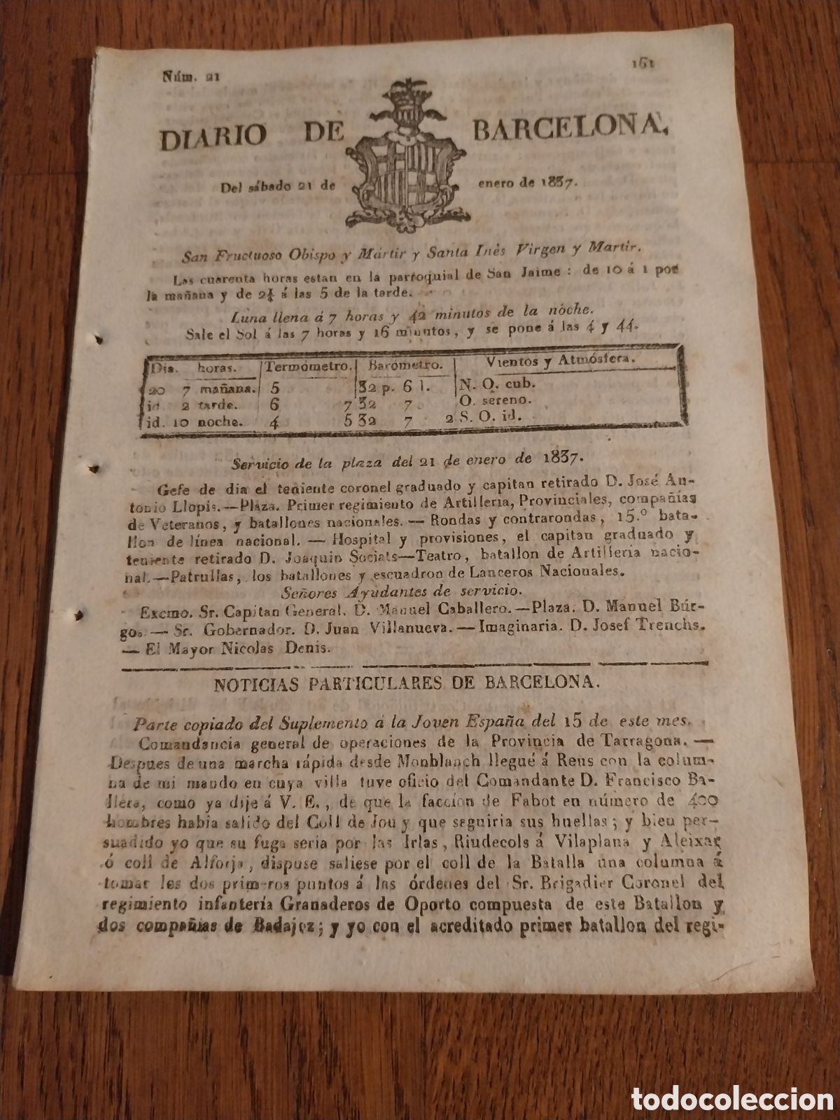 Collection Magazines and Newspapers: DIARIO DE BARCELONA 1837 1&deg; GUERRA CARLISTA. BORJAS ALFORJA COLL RIUDECOLLS OBIOL MONREAL ALEIXAR.