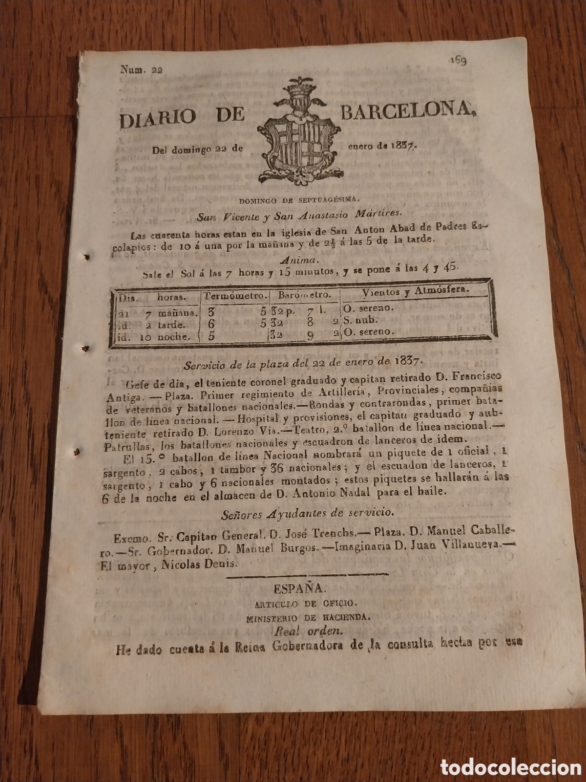 Coleccionismo de revistas y peri&oacute;dicos: DIARIO DE BARCELONA 1837 COMPA&Ntilde;IA GRANADEROS MILICIA NACIONAL DE LA VILLA DE BADALONA EN SAN CELONI