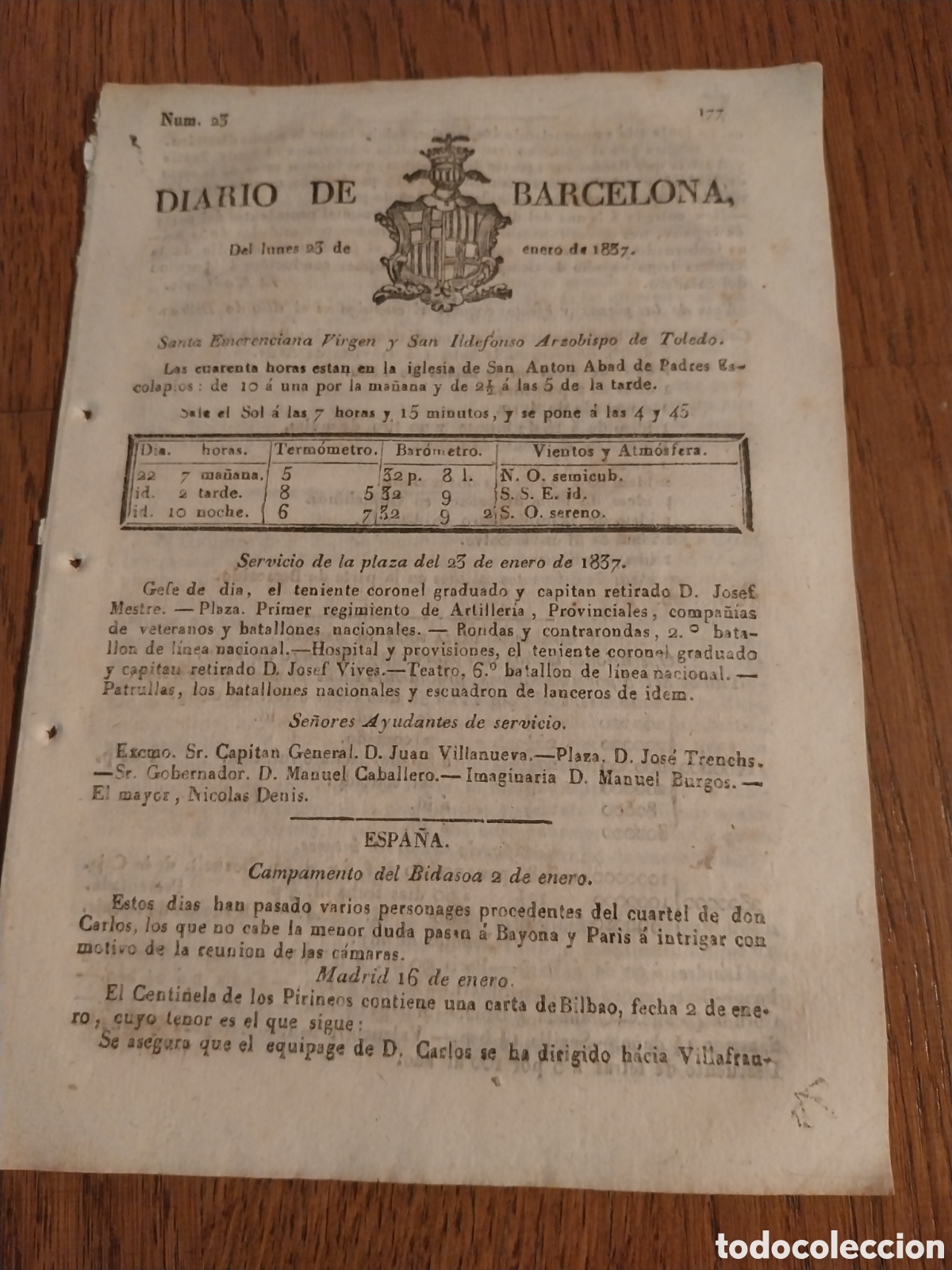 Collection Magazines and Newspapers: DIARIO DE BARCELONA 1837 1&deg; GUERRA CARLISTA. PIEZAS Y EFECTOS COGIDOS AL ENEMIGO EN SITIO DE BILBAO
