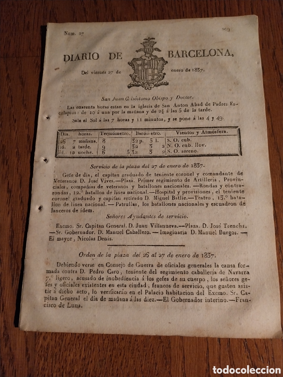 Collection Magazines and Newspapers: DIARIO DE BARCELONA 1837 EXCESOS CONTRA CARABINEROS DE HACIENDA COSTAS DE VALENCIA.PRECIOS EN GERONA