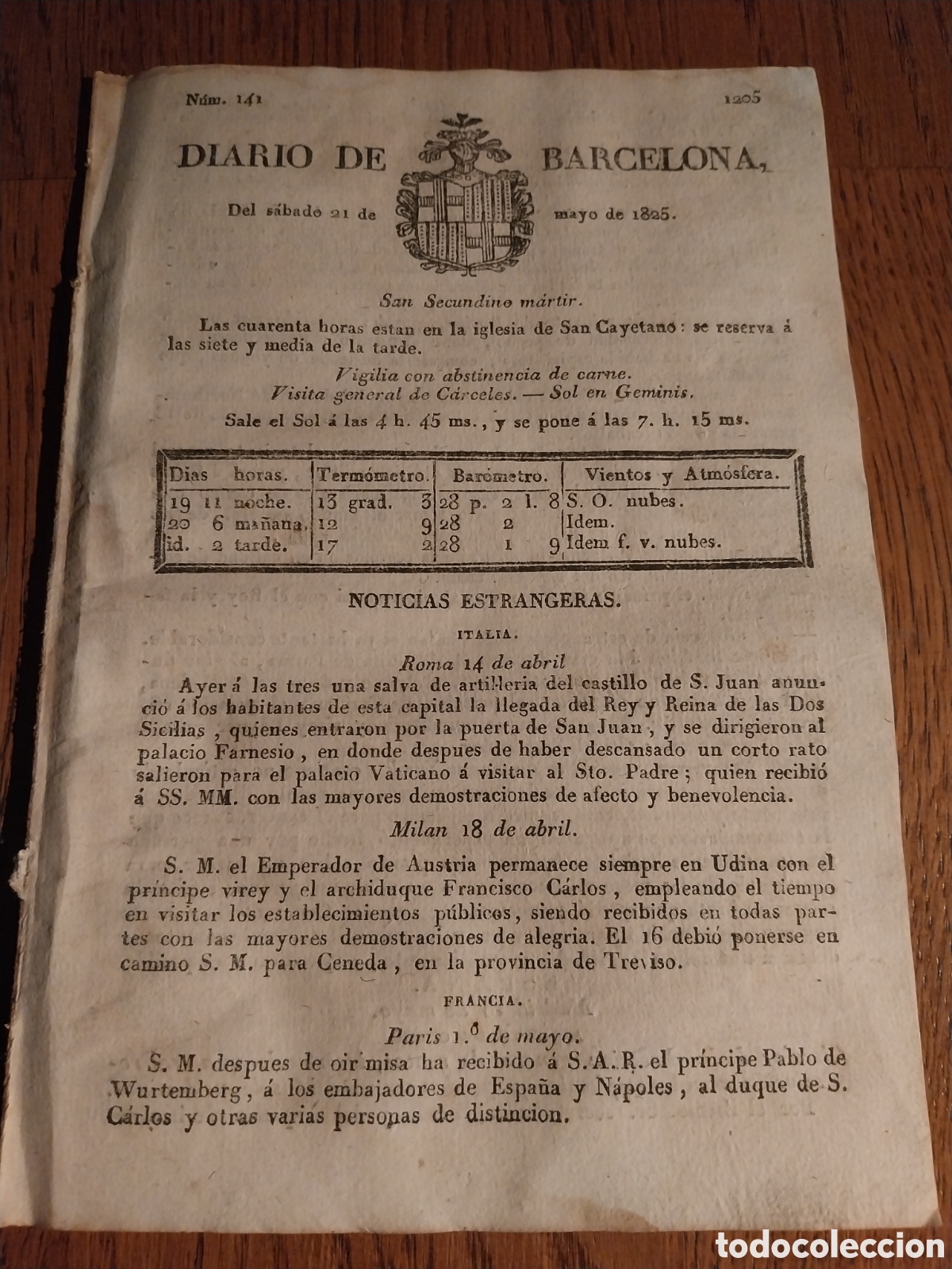 Collezionismo di Riviste e Giornali: DIARIO DE BARCELONA 1825 HABITANTES DE MORELLA Y SU PARTIDO . PASO SUBTERRANEO DEL T&Aacute;MESIS.