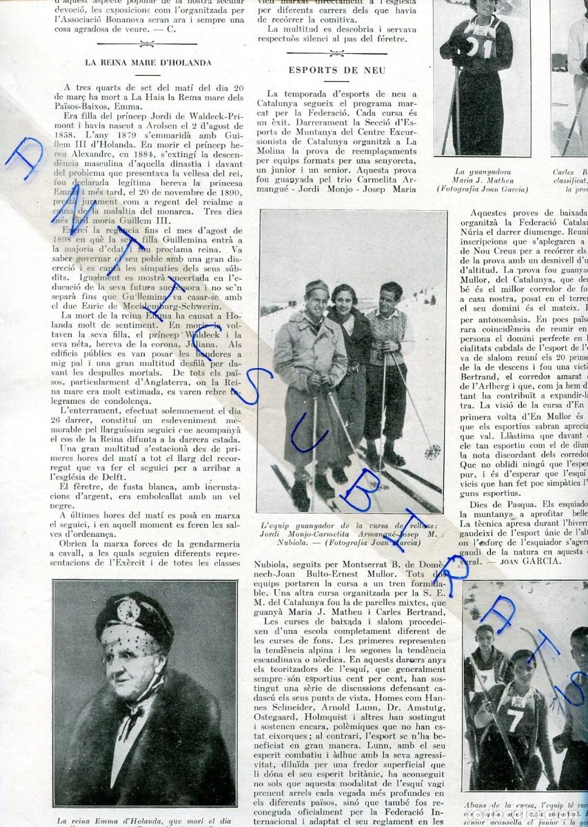 Coleccionismo de Revistas y Peri&oacute;dicos: REVISTA ANY 1934 ESQUI JORDI MONJO CARMELITA JOSEP NUBIOLA MARIA MATHEU CARLES BERTRAND ESQUI FEMENI