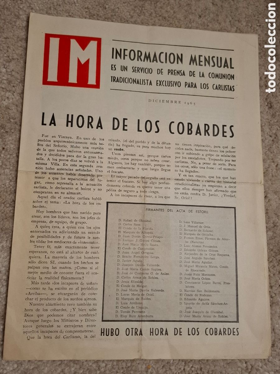 Colecionismo de Revistas e Jornais: Bolet&iacute;n IM Informaci&oacute;n Mensual Comuni&oacute;n Tradicionalista Carlistas, Diciembre 1965
