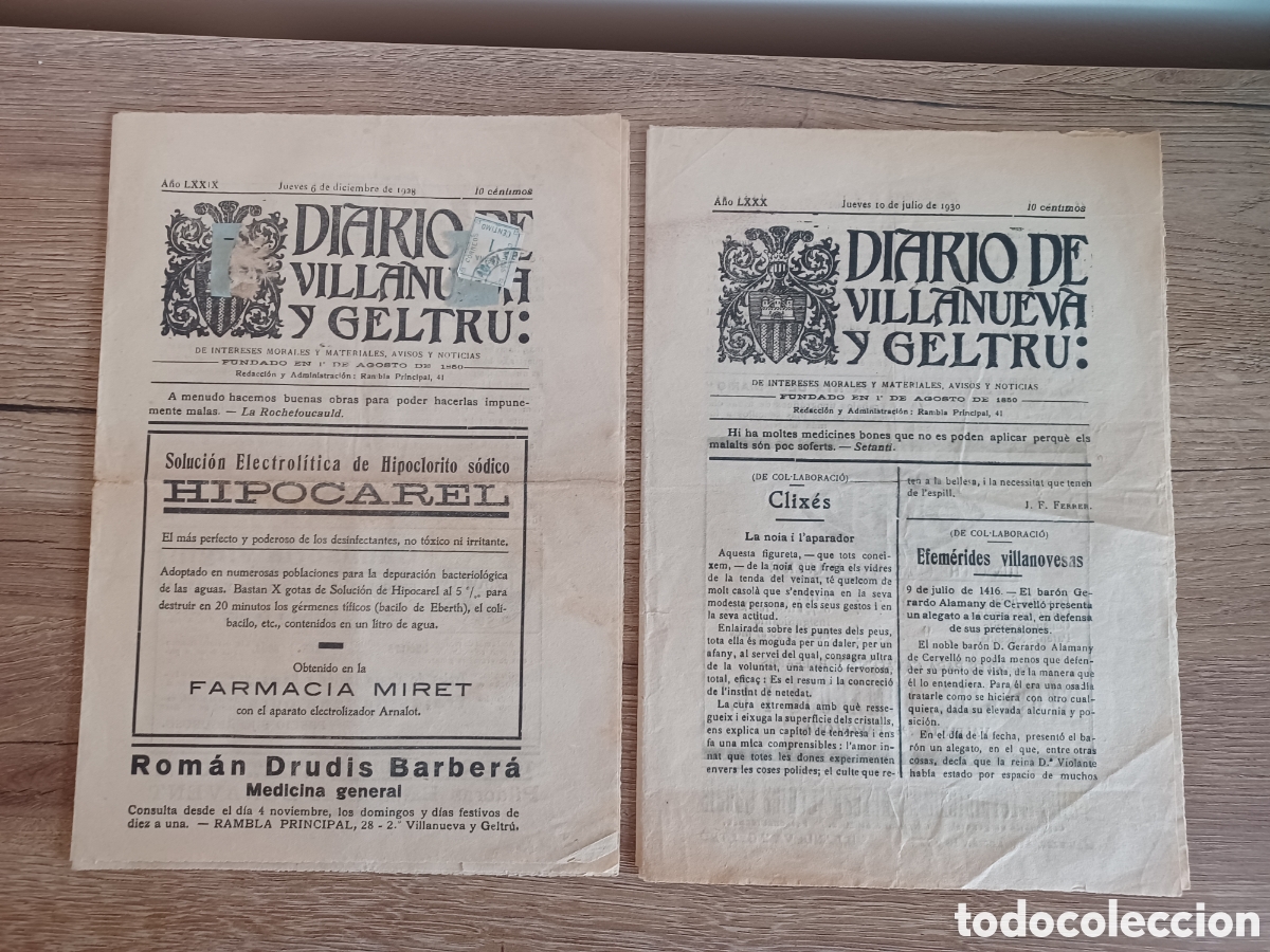 Coleccionismo de revistas y peri&oacute;dicos: Diarios de Villanueva y Geltru, 1928 y 1930.