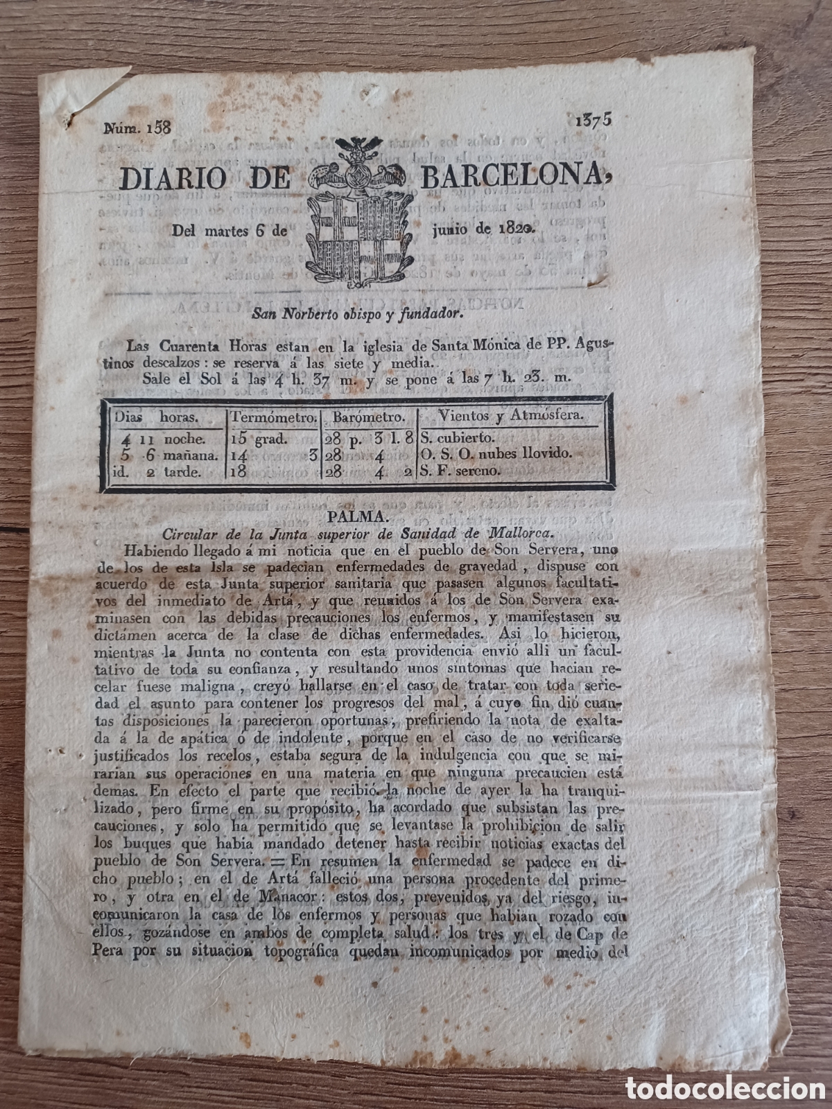 Coleccionismo de revistas y peri&oacute;dicos: Diario de Barcelona, n&uacute;mero 158 de 1820