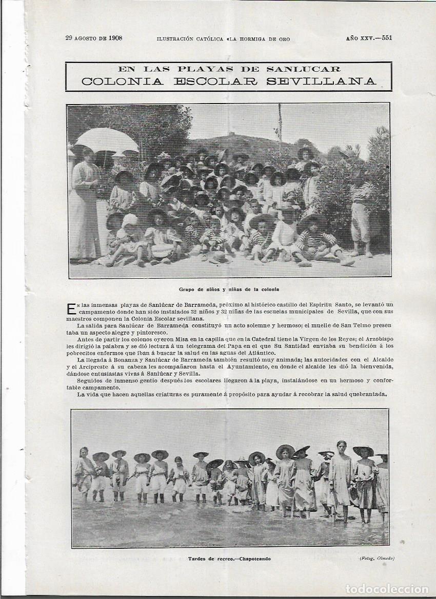 Collezionismo di Riviste e Giornali: A&Ntilde;O 1908 RECORTE PRENSA LA COLONIA ESCOLAR SEVILLA SEVILLANA EN LA PLAYA DE SANLUCAR DE BARRAMEDA