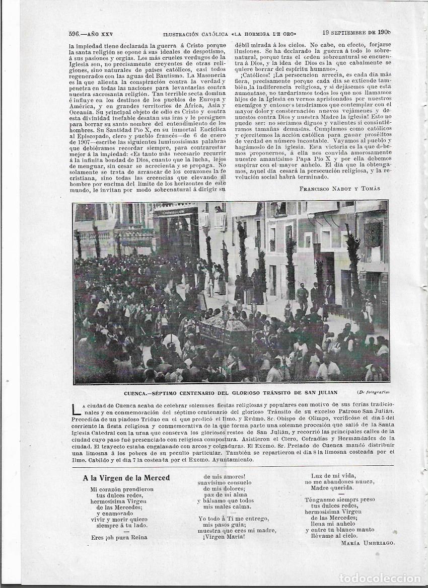 Collezionismo di Riviste e Giornali: A&Ntilde;O 1908 RECORTE PRENSA CUENCA SEPTIMO CENTENARIO DEL GLORIOSO TRANSITO DE SAN JULIAN PROCESION