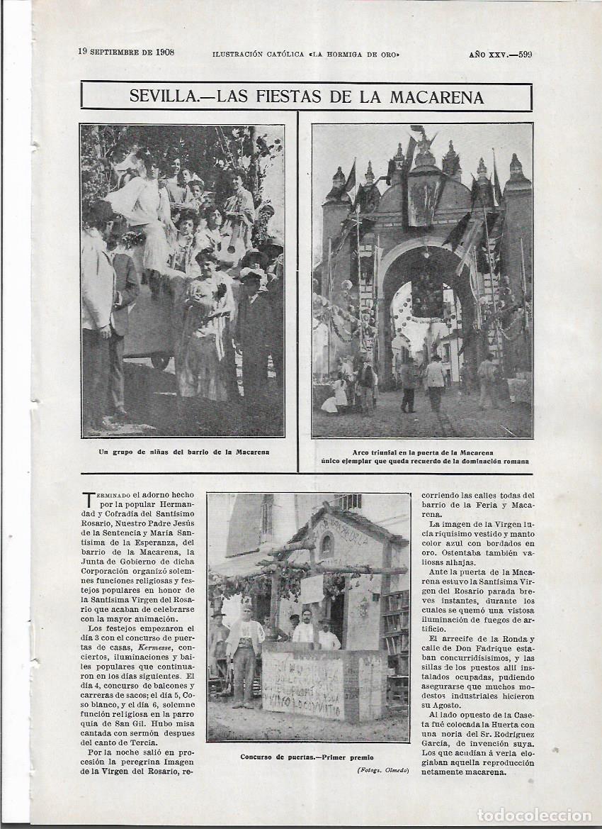 Coleccionismo de Revistas y Peri&oacute;dicos: A&Ntilde;O 1908 RECORTE PRENSA SEVILLA FIESTAS DE LA MACARENA ARCO PRIMER PREMIO CONCURSO DE PUERTAS