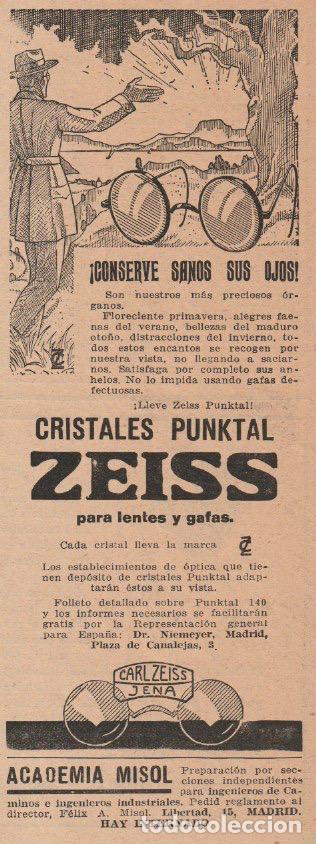 Coleccionismo de revistas y peri&oacute;dicos: Publicidad cristales Punktal Zeiss para lentes y gafas - 1926