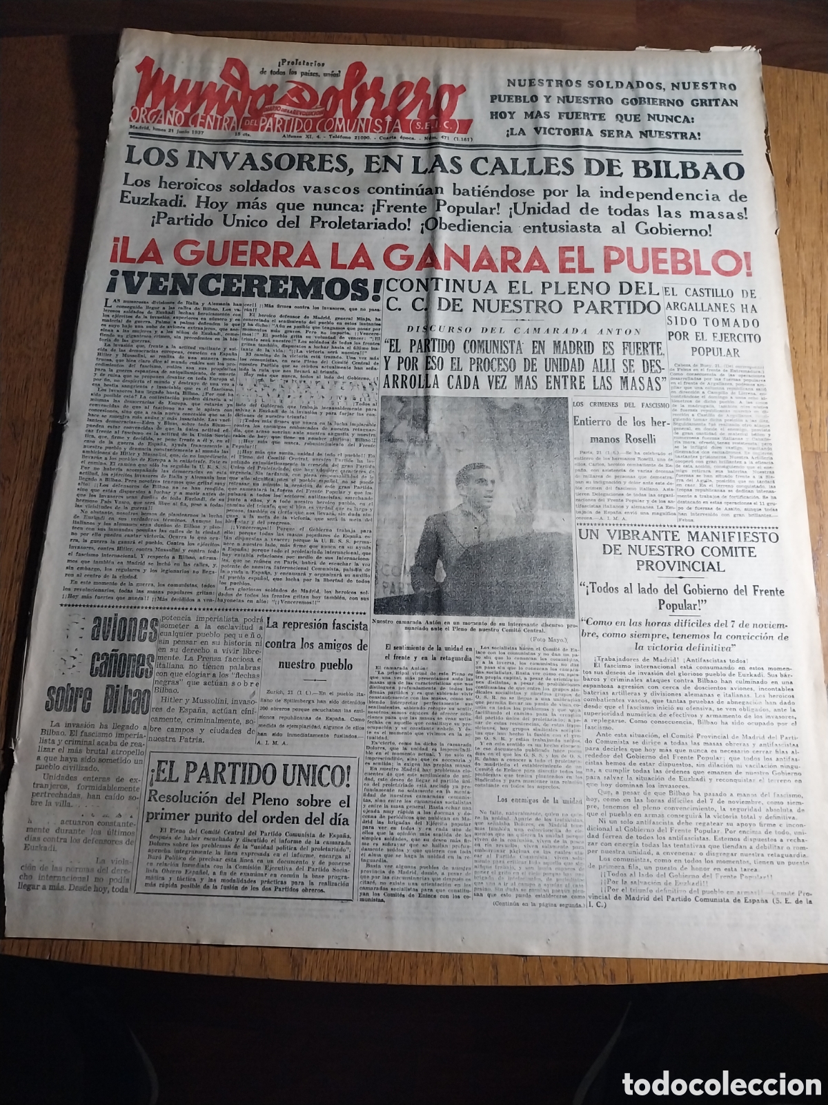 Collezionismo di Riviste e Giornali: MUNDO OBRERO 1937 EL CASTILLO DE ARGALLANES TOMADO. NUESTRA AVIACION BOMBARDEA ZARAGOZA Y HUESCA