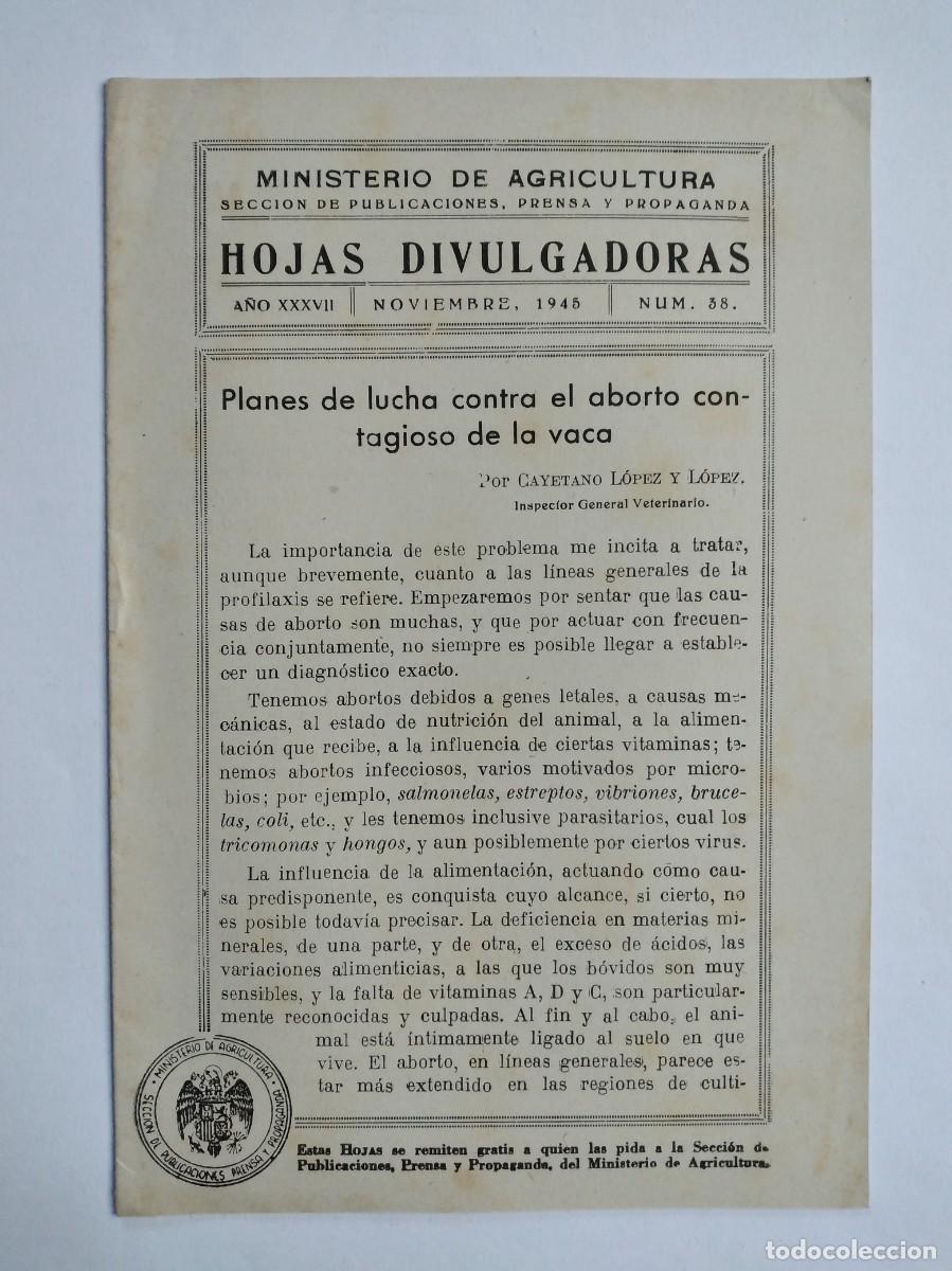 Sammeln von Zeitschriften und Zeitungen: HOJAS DIVULGADORAS N&ordm; 38 1945 PLANES DE LUCHA CONTRA EL ABORTO CONTAGIOSO DE LA VACA