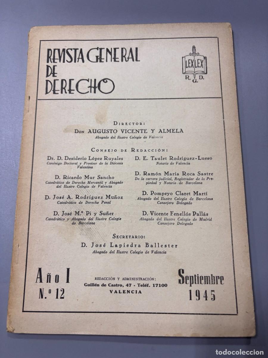Coleccionismo de revistas y peri&oacute;dicos: REVISTA GENERAL DE DERECHO. A&Ntilde;O I. N&ordm; 12. SEPTIEMBRE 1945. LEER SUMARIO