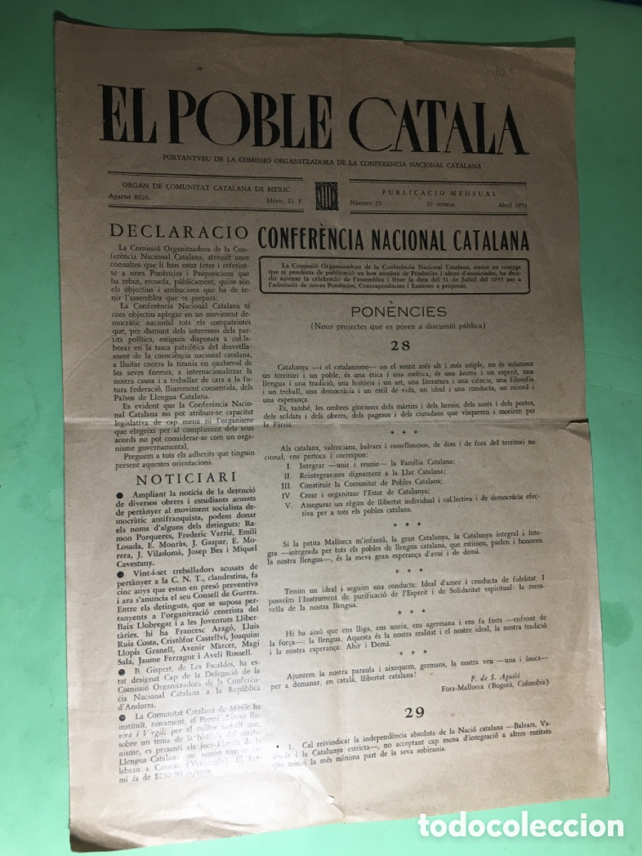 Coleccionismo de revistas y peri&oacute;dicos: 1953 M&Egrave;XIC &lsquo;&rsquo;EL POBLE CATAL&Agrave;&rsquo;&rsquo; PORTANTVEU DE LA CONFER&Egrave;NCIA NACIONAL CATALANA