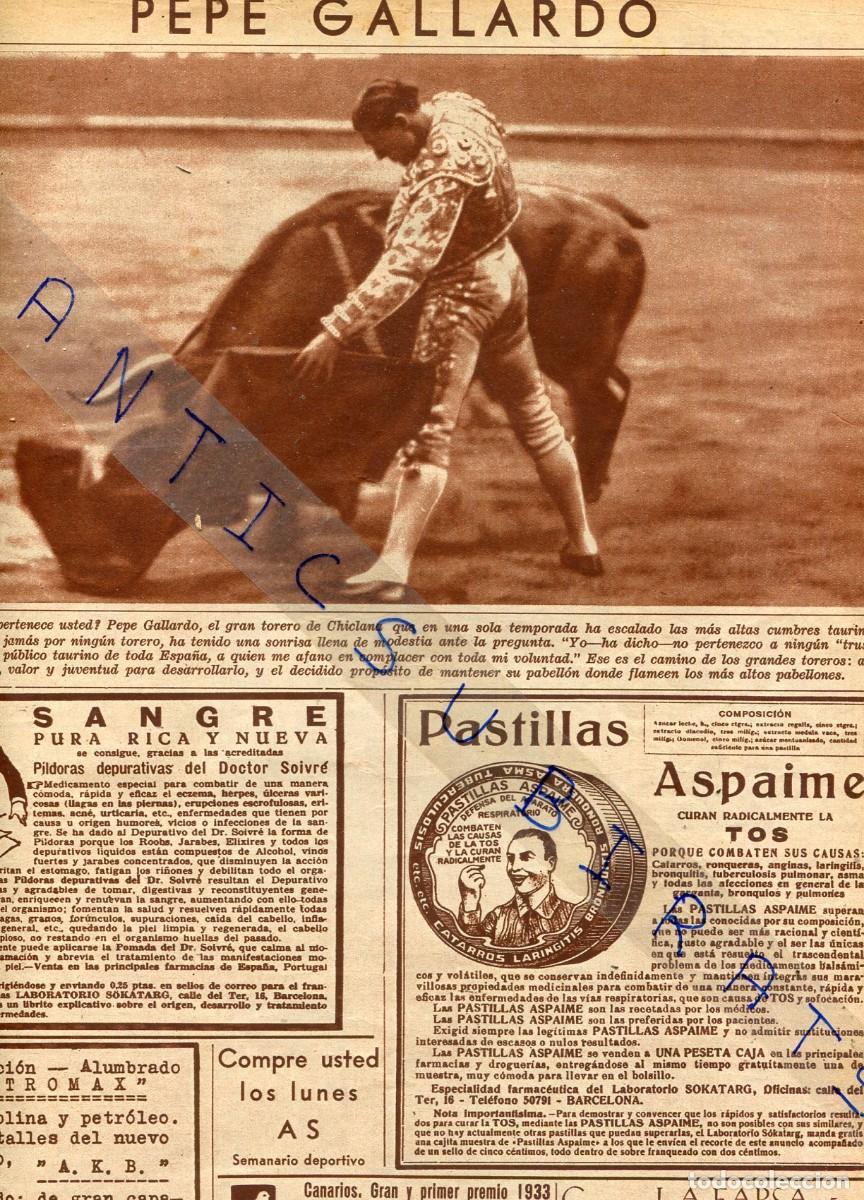 Coleccionismo de Revistas y Peri&oacute;dicos: REVISTA A&Ntilde;O 1933 TORERO DE CHICLANA PEPE GALLARDO FLORES AROCHA RONDA GIMNASTICA DE VIGO FEMENINO