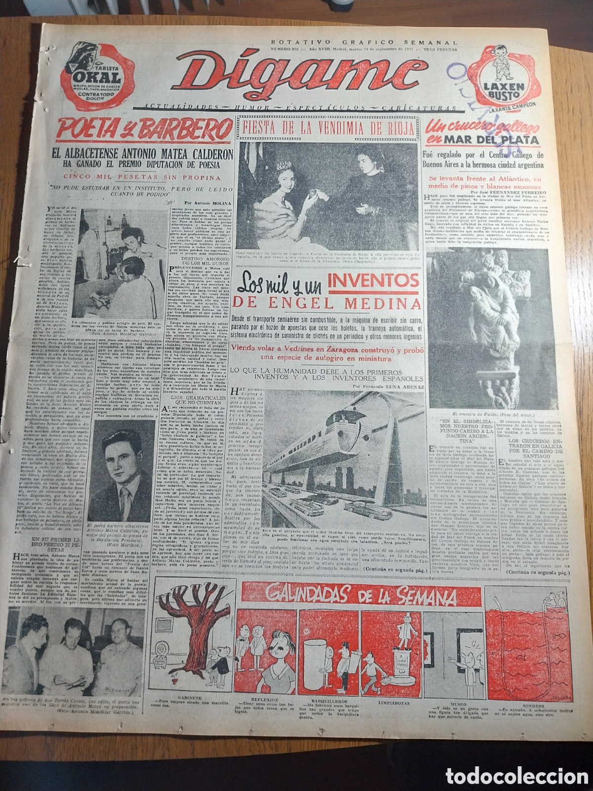 Sammeln von Zeitschriften und Zeitungen: REVISTA 1957 POETA Y BARBERO DE ALBACETE .MIL INVENTOS DE ANGEL MEDINA.CRUCERO GALLEGO EN MAR PLATA